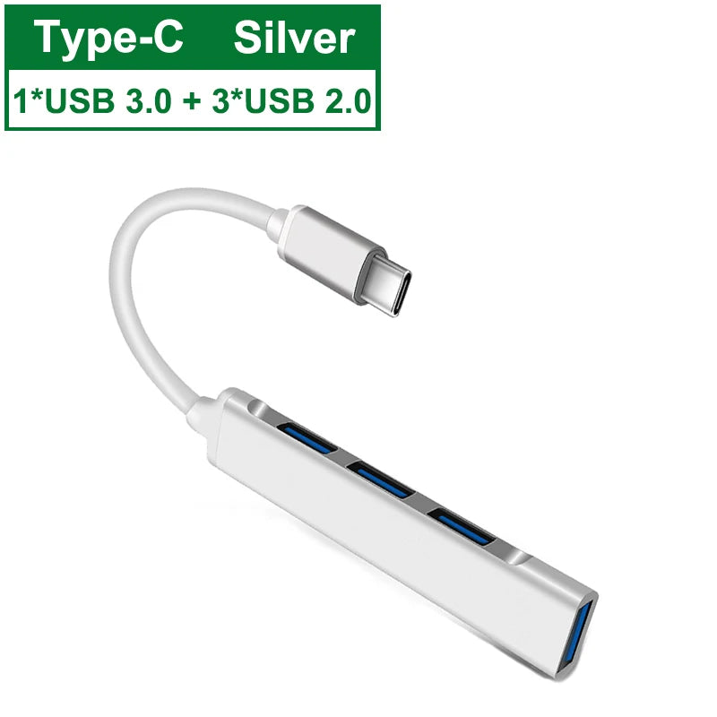 4-Port USB Hub – Type-C 3.1 & USB 3.0 Multi-Splitter Adapter for Laptop & PC
