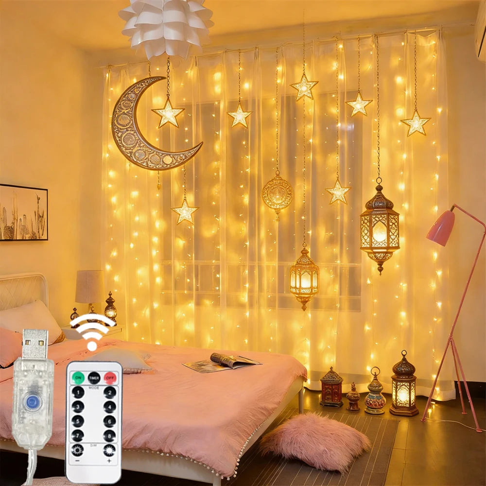 USB LED Curtain Lights – 8 Modes Remote Ramadan Decor