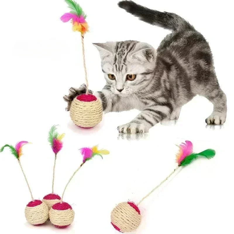 Cat Sisal Scratching Ball with Feather | Interactive Kitten Toy
