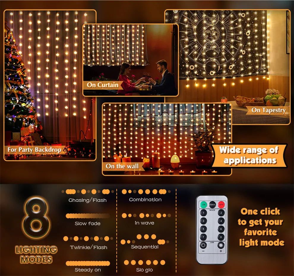 LED Fairy Curtain Lights – 8 Modes USB Remote