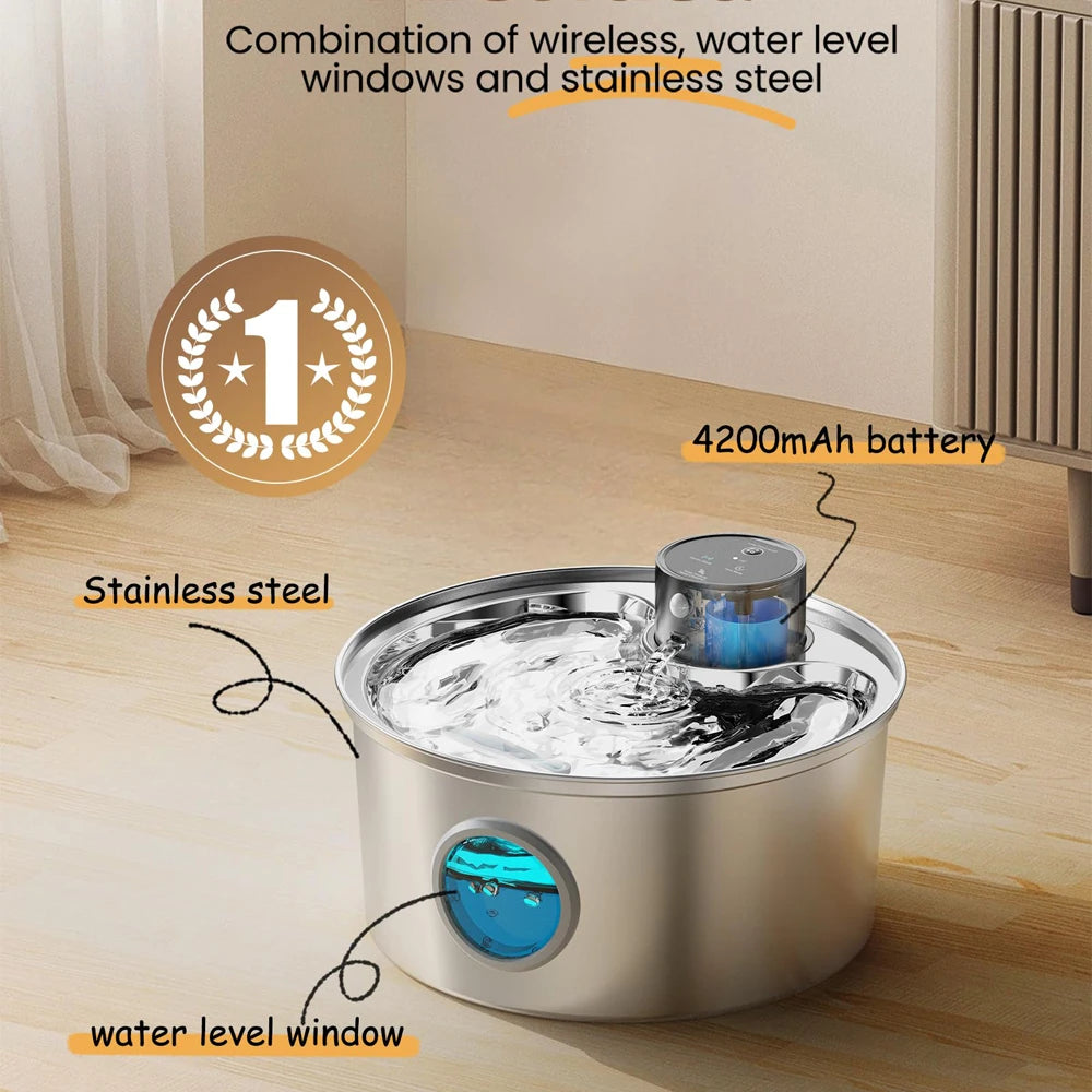 Wireless Stainless Steel Cat Water Fountain | Motion Sensor Auto Dispenser