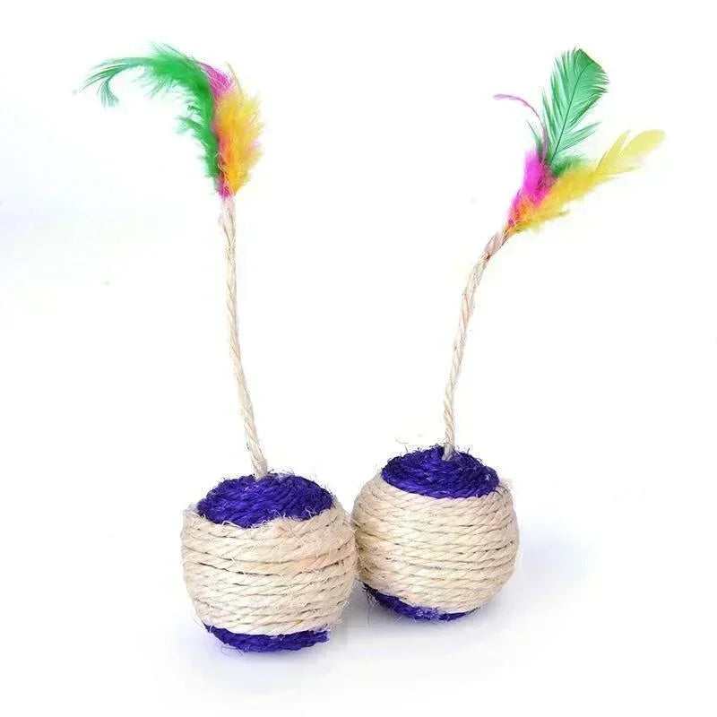 Cat Sisal Scratching Ball with Feather | Interactive Kitten Toy