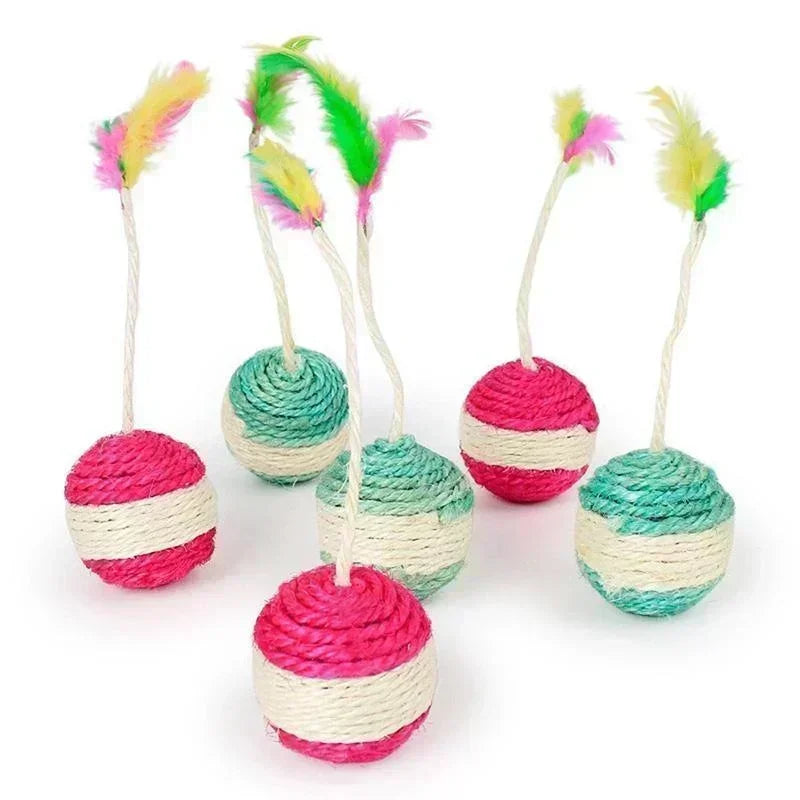 Cat Sisal Scratching Ball with Feather | Interactive Kitten Toy