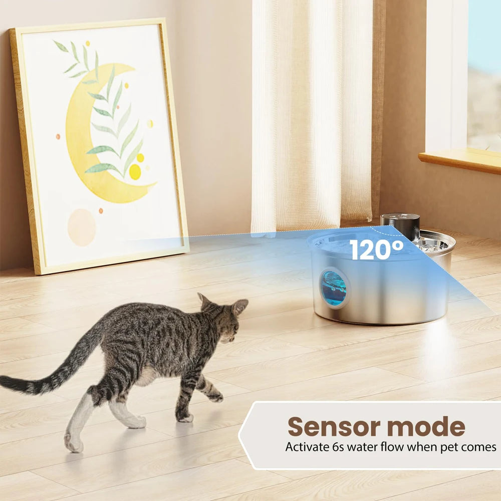 Wireless Stainless Steel Cat Water Fountain | Motion Sensor Auto Dispenser